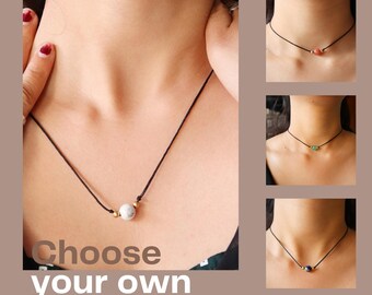 Choose Your Stones Single Bead Gemstone Necklace, Adjustable Cord Choker Necklace, String Crystal Jewellery, Aquamarine,Amethyst,Rose Quartz