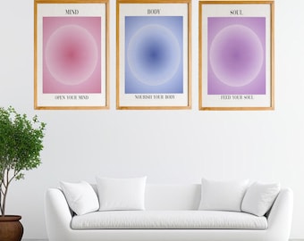 Mind Body Soul Print, Positive Aura Poster Set of 3, Spiritual Wall Art, Meditation Wall Art, Modern Aesthetic Room Décor, Printable