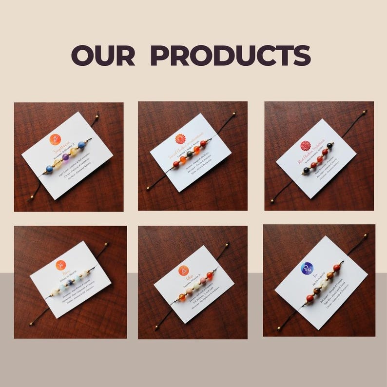 May include: Six different gemstone bracelets with cards featuring zodiac signs and corresponding birthstones. The bracelets are displayed on a wooden surface.