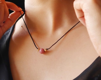 Pink Rhodonite Cord Necklace, Beaded Pink Rhodonite Choker, Taurus Birthstone Necklace,Minimal Gemstone Choker,Feminine Jewelry,Gift for her
