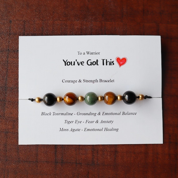 Courage Crystal Bracelet, Strength Healing Bracelet, You've Got This Card, Black Tourmaline, Tiger Eye, Moss Agate, Encouragement Gift