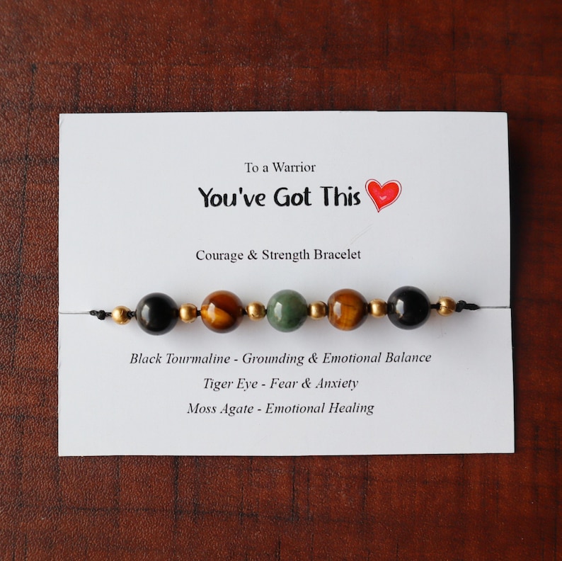 Courage Crystal Bracelet, Strength Healing Bracelet, You've Got This Card, Black Tourmaline, Tiger Eye, Moss Agate, Encouragement Gift image 1