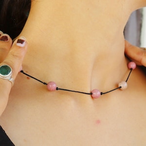 Pink Rhodonite Natural Stone Choker, Rhodonite Cord Necklace, Five Bead Choker,Taurus Birthstone, Heart Chakra,Balance, Energy,Healing Stone