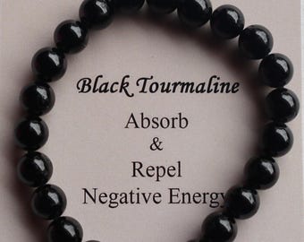 BLACK TOURMALINE Bracelet Stretch Fit, 8mm Black Tourmaline Crystal Bracelet, Protection Bracelet for Women,Repels Negative Energy,Spiritual
