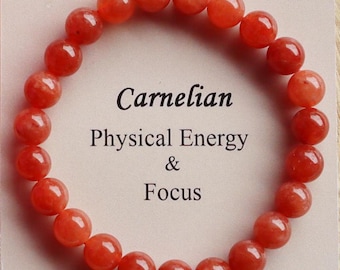 Pulsera de cornalina elástica de 8 mm, curación del chakra sacro, pulsera para mujer, mejora la energía física y el enfoque