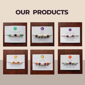 May include: Six cards with zodiac signs and corresponding crystals. Each card features a zodiac symbol, dates, and a description of the crystals. The cards are arranged in two rows of three. The cards are on a wooden surface.