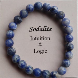 May include: A blue sodalite gemstone bracelet with the text "Sodalite Intuition & Logic".