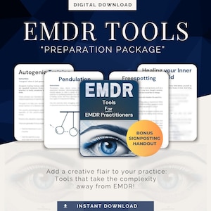 May include: A digital download package for EMDR practitioners. The package includes four printable worksheets: Autogenic Training, Pendulation, Freespotting, and Healing Your Inner Child. The package also includes a bonus signposting handout. The image features a blue eye with a yellow circle around it that says "Bonus Signposting Handout".