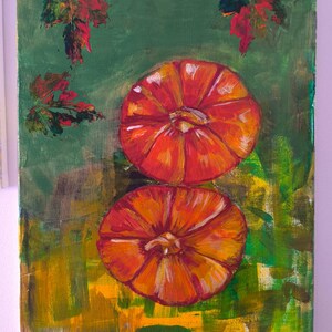 Pintura mural de arte callejero moderno original con calabaza de otoño sobre lienzo estirado, pintada a mano, decoración del hogar en acrílico (no es una impresión)