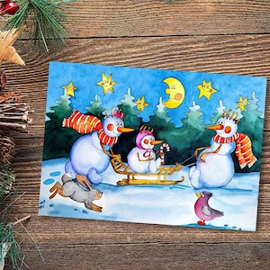 Aquarel tekenen Kerstkaarten - Illustraties van dwergen, sneeuwmannen en dieren - Kerst winters tafereel - A6-formaat!