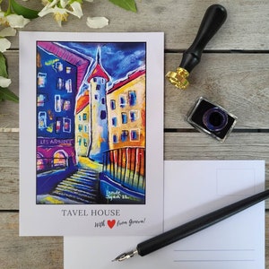Conjunto de 8 postales de lugares del casco antiguo de Ginebra. Colección de arte suizo. Reproducción de 8 pinturas originales en pastel suave.
