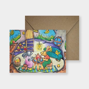 Jeu de cartes aquarelles faites main – Lapins buvant du thé | Carte pliée A6 | Carte de l'amitié personnalisée