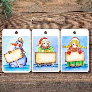 Ensemble d'étiquettes pour cadeaux de Noël. Lot de 10 étiquettes pour cadeaux avec nains et bonhomme de neige. Illustration à l'aquarelle. Etiquettes cadeaux fantaisistes