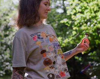 40 Hand-drawn Edible and Medicinal Mushrooms & Latin names! Thick Oversized Tshirt