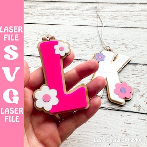 Backpack Initial Tag Laser SVG | Glowforge | Digital Download | daisy basket gift tag for girls | Flower Initial bag tag laser cut file