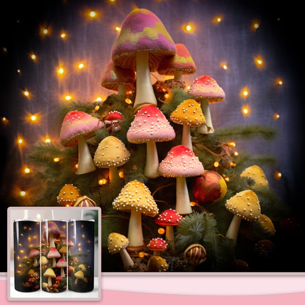 Felted Mushrooms Toadstools Christmas Tree Fairy Lights Baubles Tumbler Wrap Design 20oz 30oz Skinny Tumblers Xmas Sublimation Print PNG