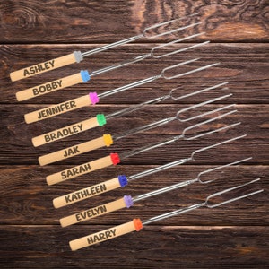 Personalized Engraved Roasting Sticks - Smores Sticks for Campfire & Fire Pit, Smore Skewers, Hot Dog Fork, Camping Essentials for S&#39;mores