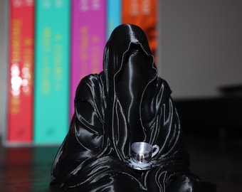 Sitting Ghost Figurine Holding Teacup Suriel ACOTAR | Book Nook | Bookshelf Decor | Grim Reaper | Unique Bookish Collectible, Fantasy Art