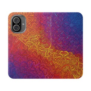 Funda con tapa de mandala colorida para teléfono, funda artística, accesorio único, regalo vibrante para ella, elegante billetera para teléfono.