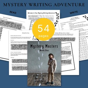 May include: A 54-page Mystery Writing Adventure educational packet featuring printed activity sheets with text, vocabulary exercises, and a cover page showing a child in a trench coat holding a magnifying glass with footprints on the floor.