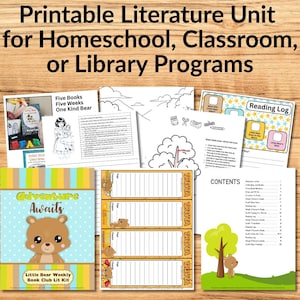 May include: A selection of printable literature unit resources for home education, classrooms, or library programmes. The materials include worksheets, reading logs, and a book club kit with a bear theme. The text on the materials reads "Printable Literature Unit" and "Adventure Awaits."