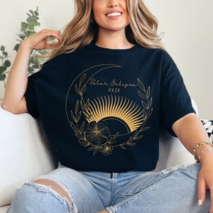 Solar Eclipse 2024 Shirt for April eclipse Solar Sun Bohemian Shirt Minimalist Sun & Moon Flowers Tshirt Total Solar Eclipse Tee Boho floral