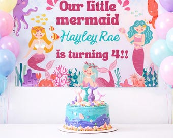 Fondo de cumpleaños de sirena personalizado, nuestra decoración de fiesta personalizada de La Sirenita