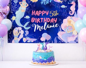 Póster de cumpleaños de sirena personalizado, fondo de cumpleaños de sirena personalizado