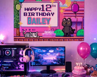 Personalized Gamer Girl Birthday Poster, 8Bit Video Game Party Decor