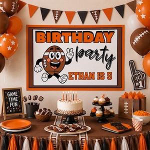 May include: A football-themed birthday party scene with a sign reading "BIRTHDAY party ETHAN IS 5" featuring a cartoon football. The table is set with a cake, cupcakes, and football-shaped biscuits, alongside balloons and decorations.