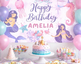 Fondo de cumpleaños de sirena personalizado, decoración de fiesta de sirena personalizada