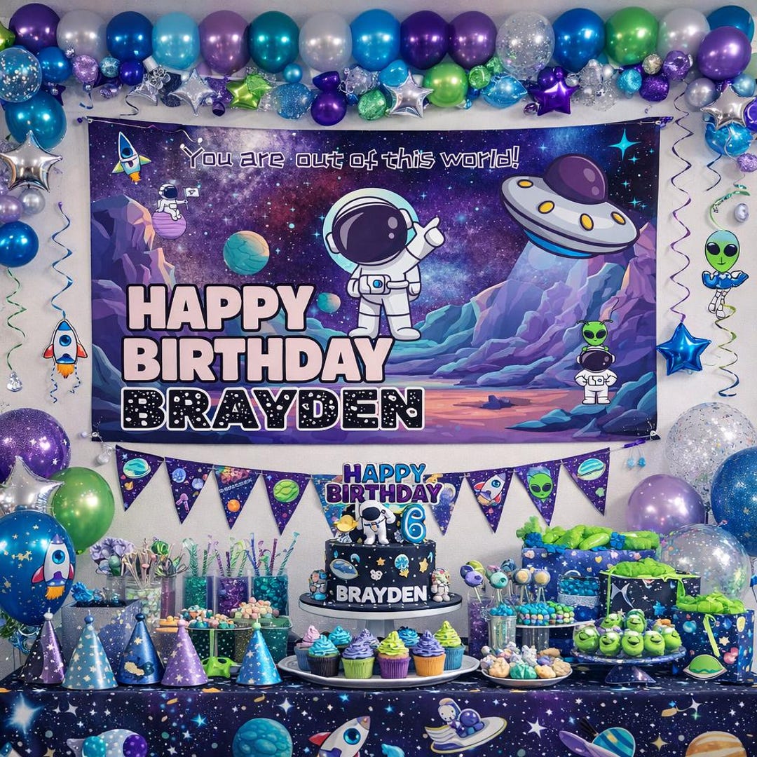 Custom Space Theme Birthday Decor Personalized Alien Party Poster - Etsy
