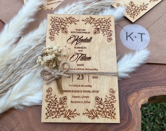 Floral Wooden Wedding Invitations: Birch Plywood Rustic Suite