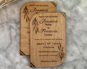 Faire-part de mariage | Ensemble de faire-part de mariage en bois | Faire-part de mariage | Faire-part rustique | Mariage à destination | Coin en laiton pour faire-part de mariage