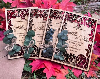 Eucalyptus Wooden Wedding Invitation Set: Rustic Birch & Kraft