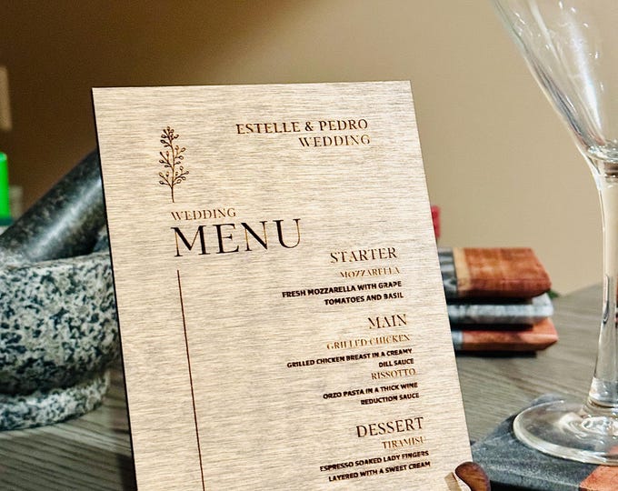 Featured listing image: Personalized Engraved Wooden Wedding Menu, Rustic Table Decor