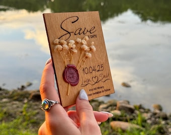 Dried Flower Save The Date Magnet: Baltic Birch Wood Wedding