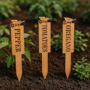 Laser Engraved Wooden Garden Markers: Herb & Vegetable Plant Labels