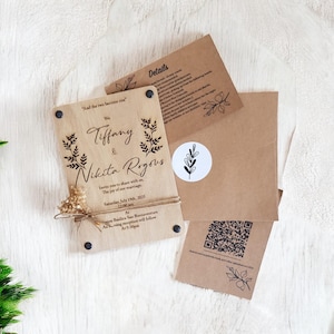Baby's Breath Wedding Invitation Set | Wooden Wedding Invitation Set | RSVP Card, QR Cards, Envelope Seal Sticker | Rustic Invites