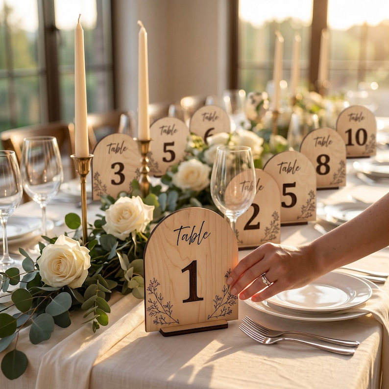 May include: Arched wooden table number signs featuring black printed text and botanical line art. The signs are displayed on a table set with white plates, clear wine glasses, tall cream candles in gold holders, and white rose floral arrangements.