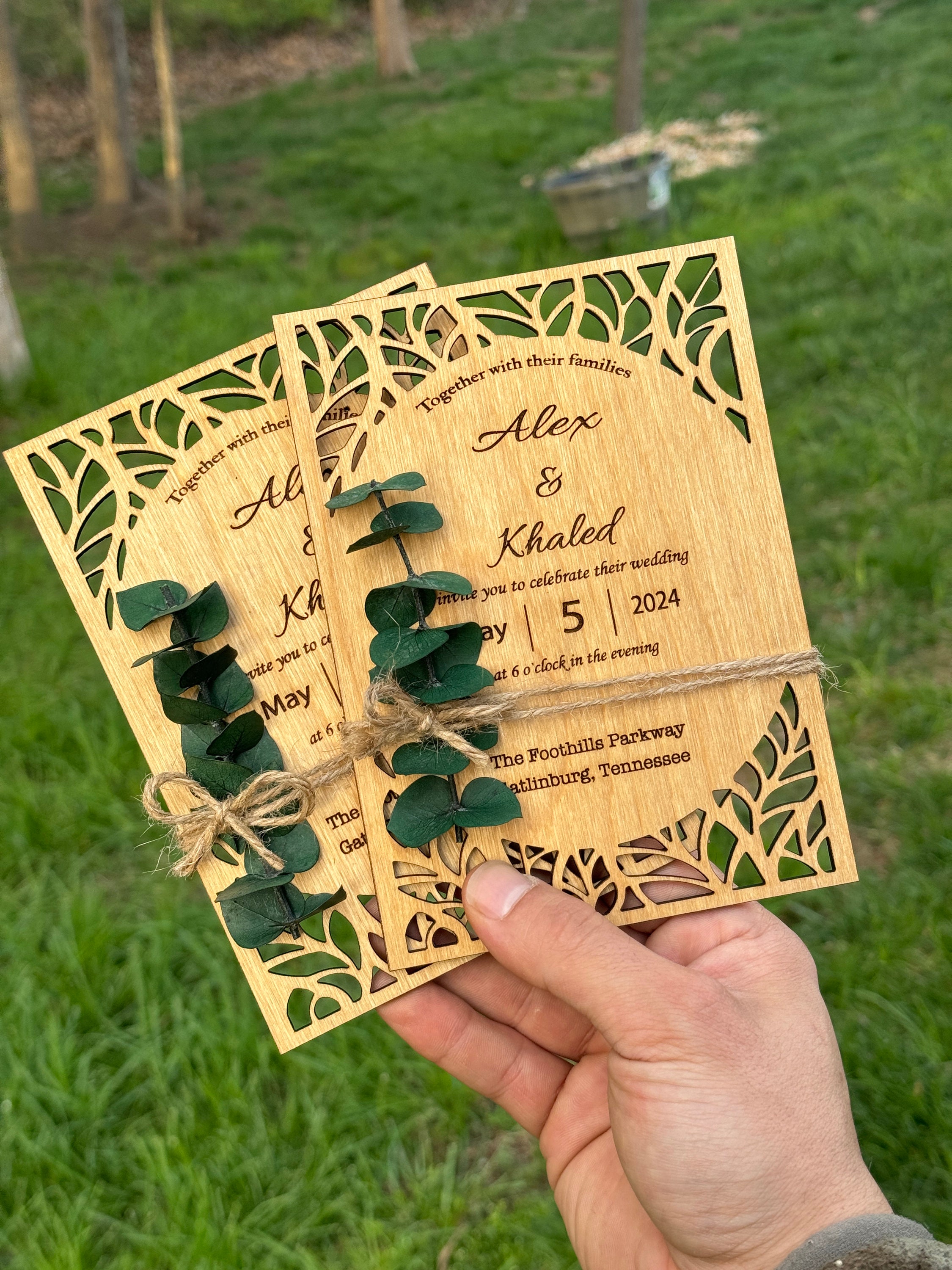 Wooden Wedding Invitation Set: Birch Wood & Eucalyptus