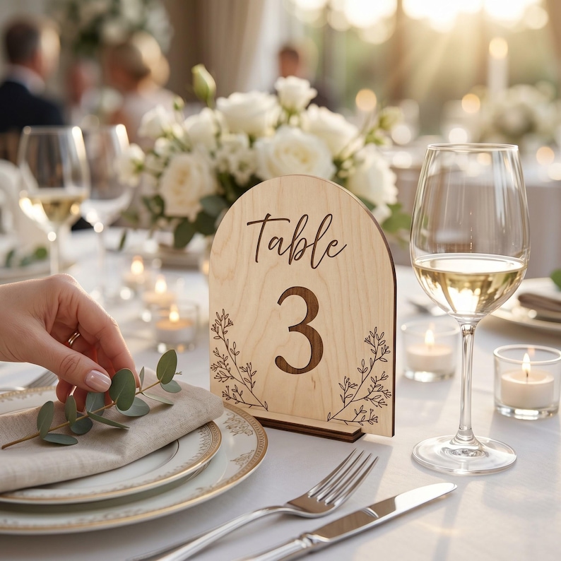 May include: An arched light wood table number sign featuring the text Table 3 in a dark script font, accented with delicate black line art of botanical sprigs on both sides, standing upright on a small rectangular wooden base on a table.