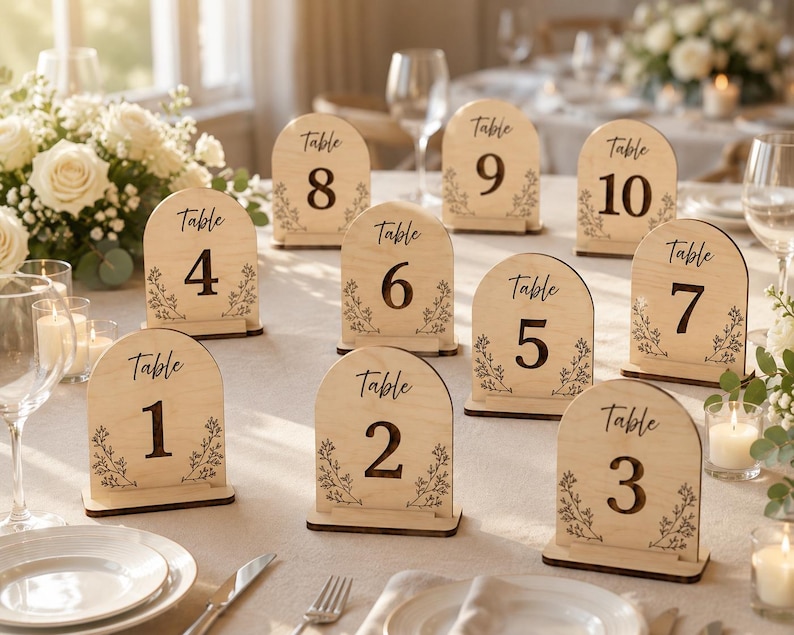May include: A set of ten arched wooden table number signs, each featuring the word Table followed by a large numeral from 1 to 10. The light-colored wood displays a natural grain and is decorated with delicate black line art of floral sprigs.
