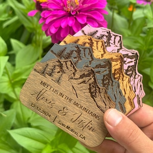 Imán para guardar la fecha con temática de montaña / Imán para guardar la fecha con temática de montaña / Imán para guardar la fecha / Tarjeta de agradecimiento / Imán de boda moderno / Boda rústica