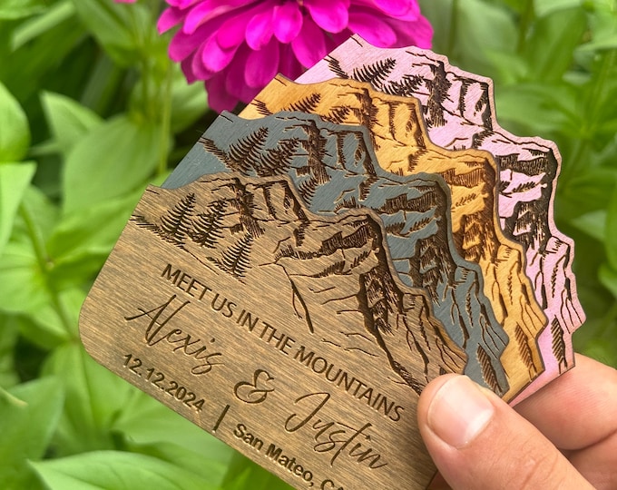 Featured listing image: Mountain Save the Date Magnet | Personalized Wood Wedding Magnet