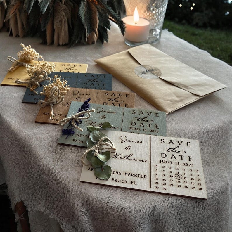 May include: A set of five wooden save the date cards with a rustic design. The cards are decorated with dried flowers and greenery. The text on the cards reads "Save the Date" and includes the names "James & Katherine" and the date "June 11, 2025".