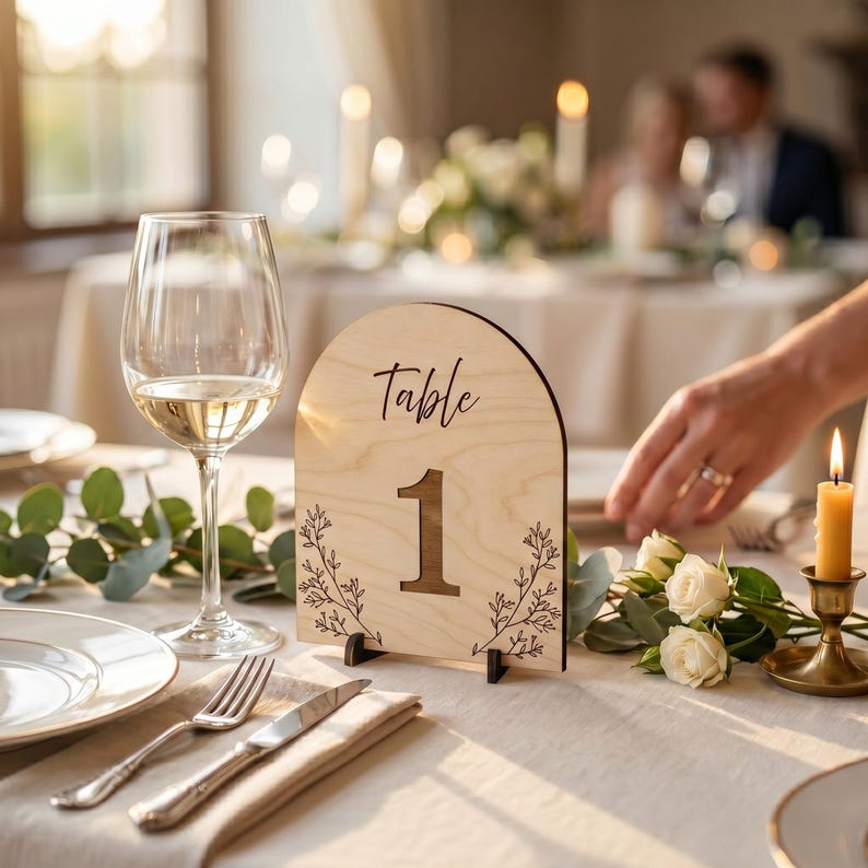 May include: An arched light wood table number sign featuring the word Table and the number 1 in a dark script font, decorated with black line art of botanical sprigs on the sides, standing upright on a small dark base on a table.