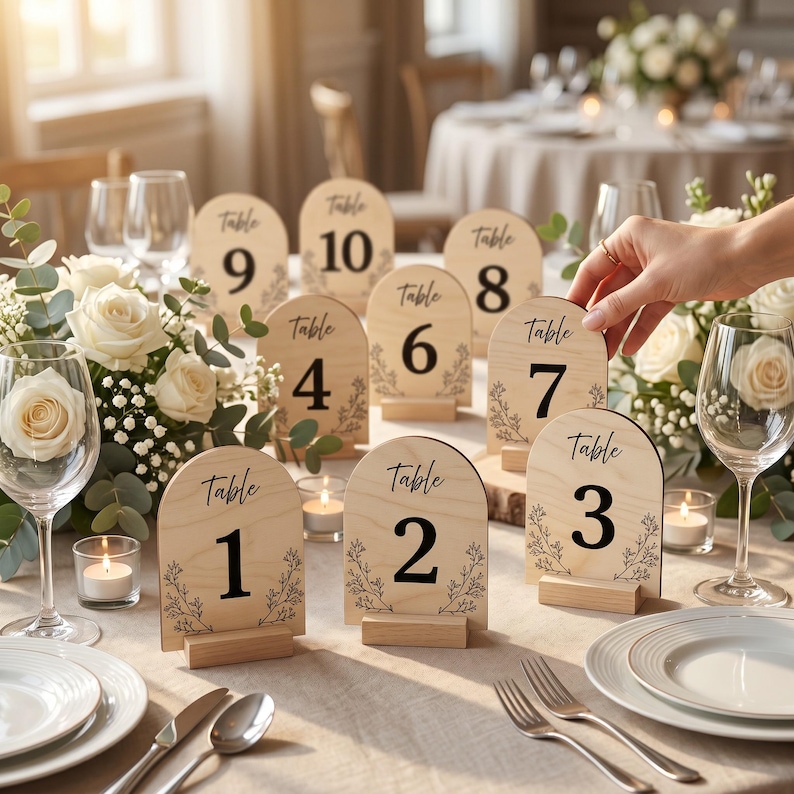 May include: A collection of arched wooden table number signs, numbered one through ten, featuring black printed text and delicate floral line art. Each sign stands on a small rectangular wooden base, arranged on a table with white roses.