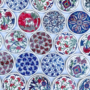 Turkish Ceramic Coaster Set: Floral Drink Coasters, Non-Slip Cork Back