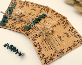 Rustic Wooden Wedding Invitation with Eucalyptus & Gypsophila – Personalized Laser Engraved Birch Card – 4x6, 5x7 Options